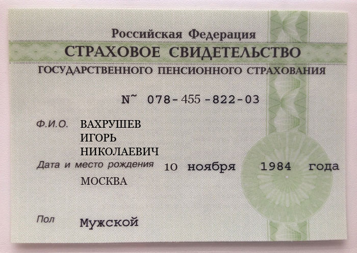 Как выглядит СНИЛС. Лицевая сторона