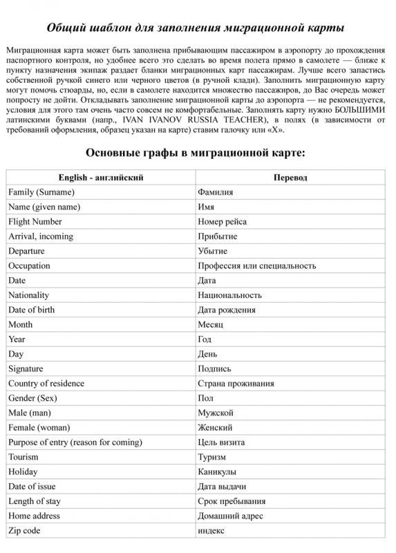 Шаблон миграционной карты Шаблон миграционной карты