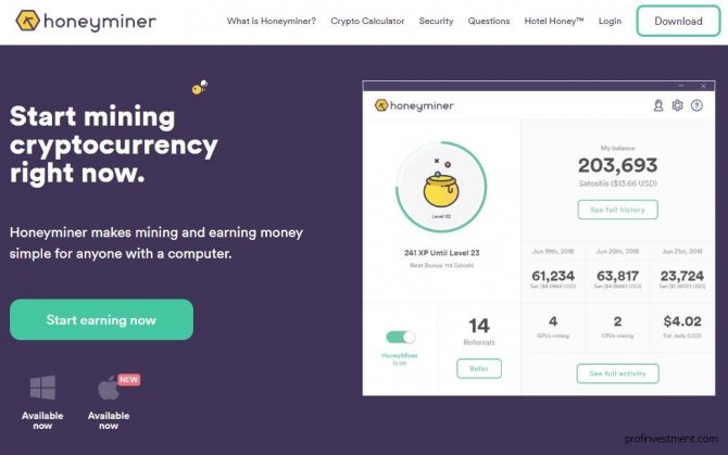программа Honeyminer для майнинга на ноутбуке